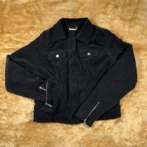 Vintage Jou Jou Black Corduroy Cropped Jacket Faux Fur Lined Women's Size S